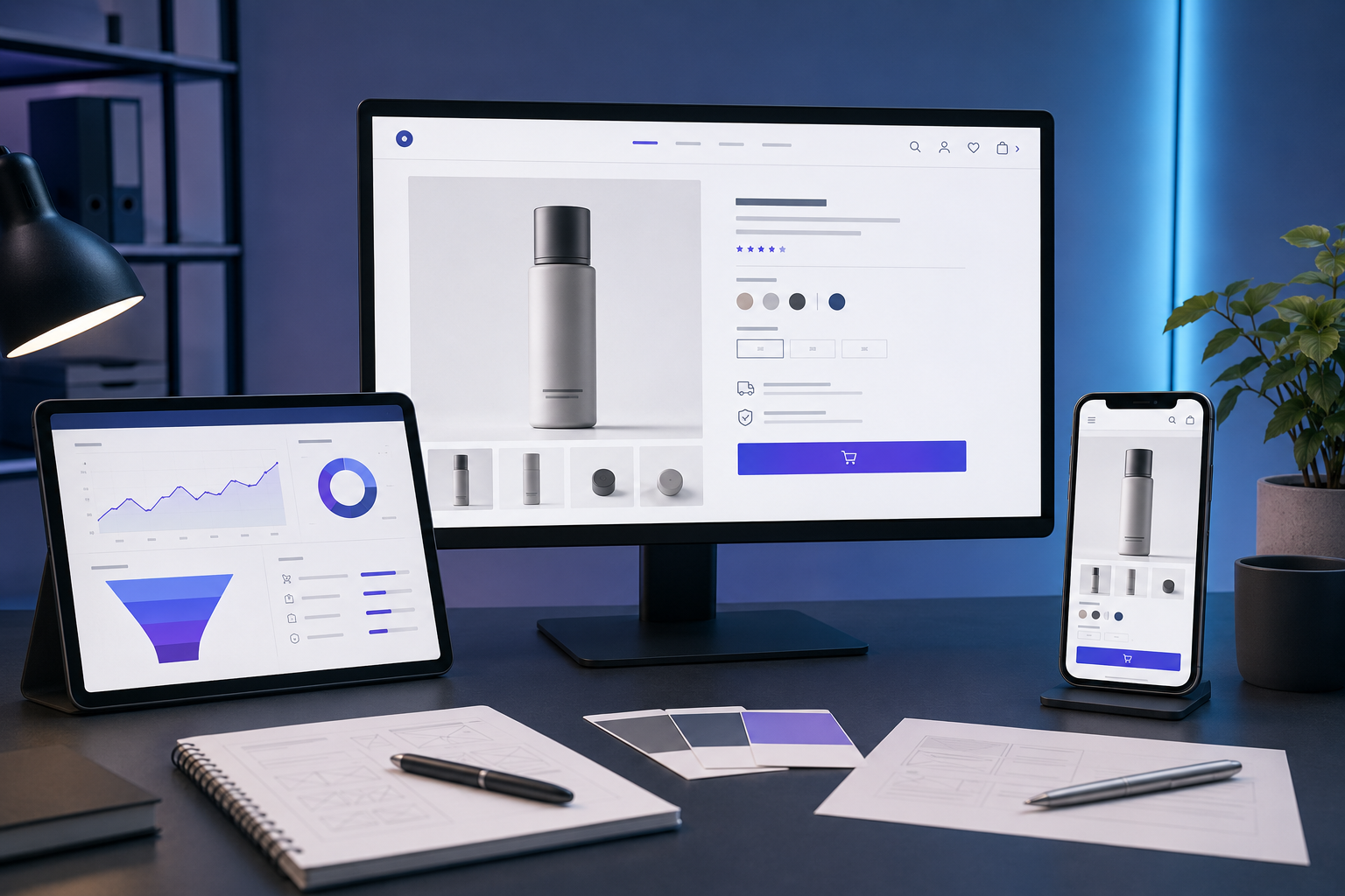 Optimierte Produktseite eines Onlineshops auf Desktop, Tablet und Smartphone