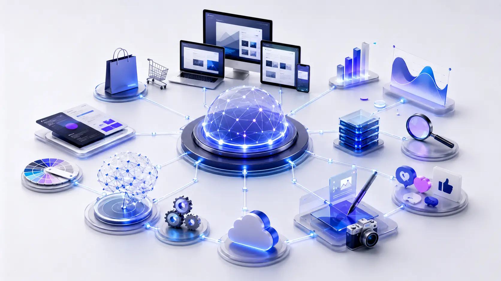 Vernetzte digitale Leistungen von Webdesign und E-Commerce bis zu KI, Online-Marketing und Systemintegrationen